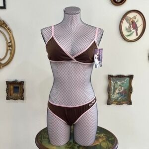 Vintage Y2K Penthouse Lingerie Brown & Pink Microfibre Bikini Set